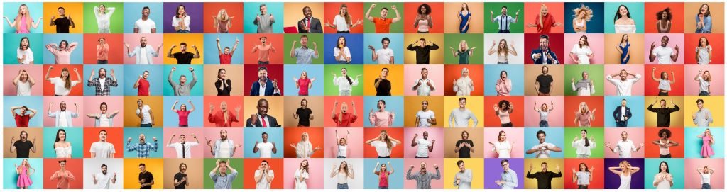 The collage of faces of surprised people on colored backgrounds. Happy men and women smiling. Human emotions, facial expression concept. collage of different human facial expressions, emotions, feelings; neurodiverse employees