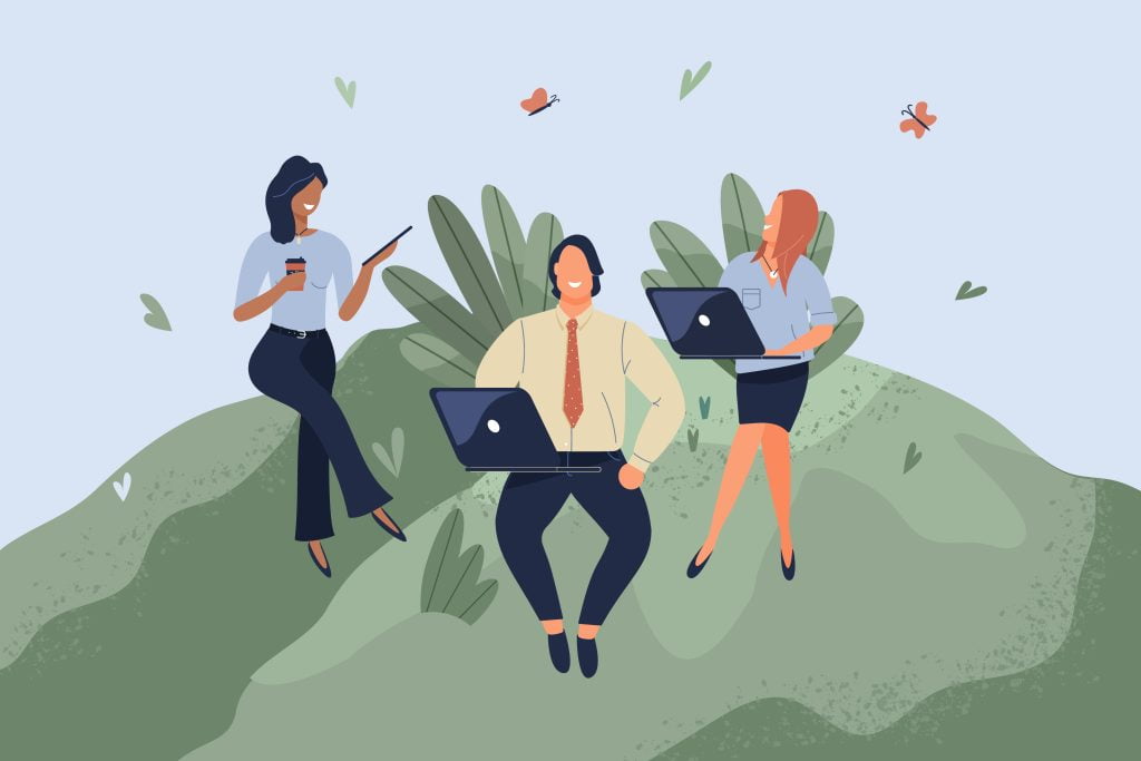 Office workers sitting on green lawn. Concept of good comfortable environment at work, favorable psychological climate,high pay and freedom of creativity for employees. Raster flat illustration