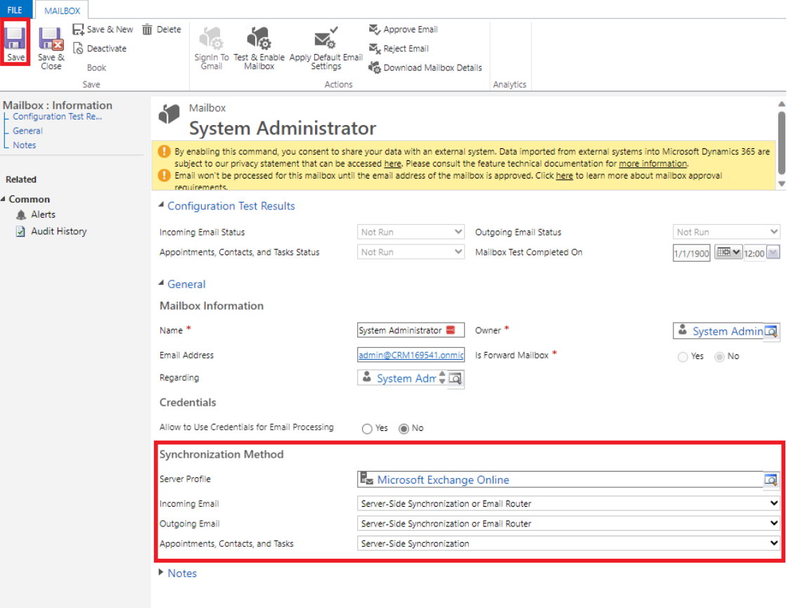 5) Enable Server-Side Synchronization for the following: Incoming Email, Outgoing Email, and Appointments, Contacts and Tasks. Then, press "Save".