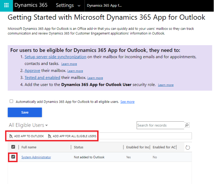 9) Find the user/s you want to add the app to and press either "Add App to Outlook" or "Add App for All Eligible Users".