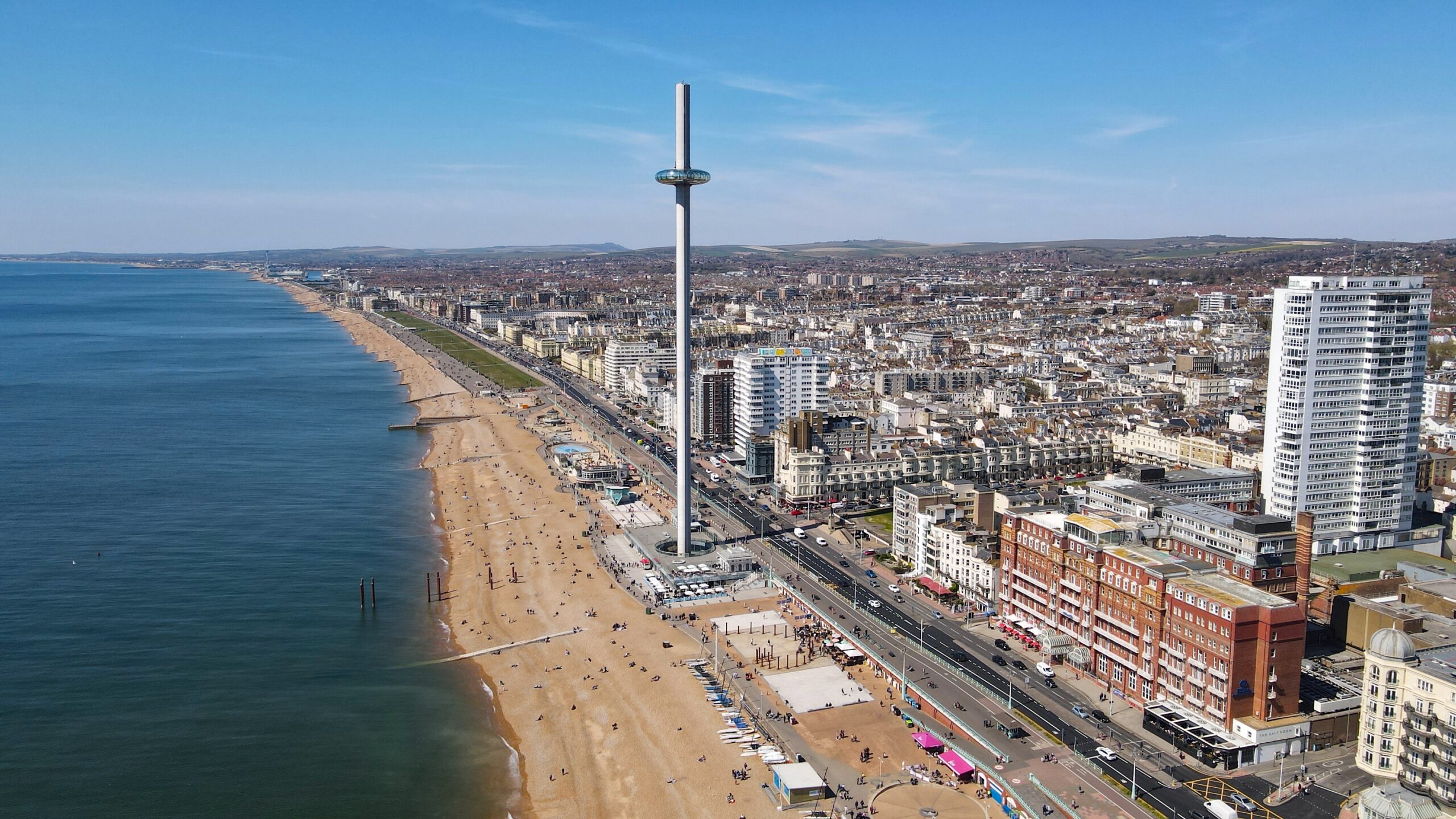 British Airways i360; tower, Brighton beach UK Aerial view Summer drone aerial view British Airways i360; tower, Brighton beach UK Aerial view Summer drone aerial view