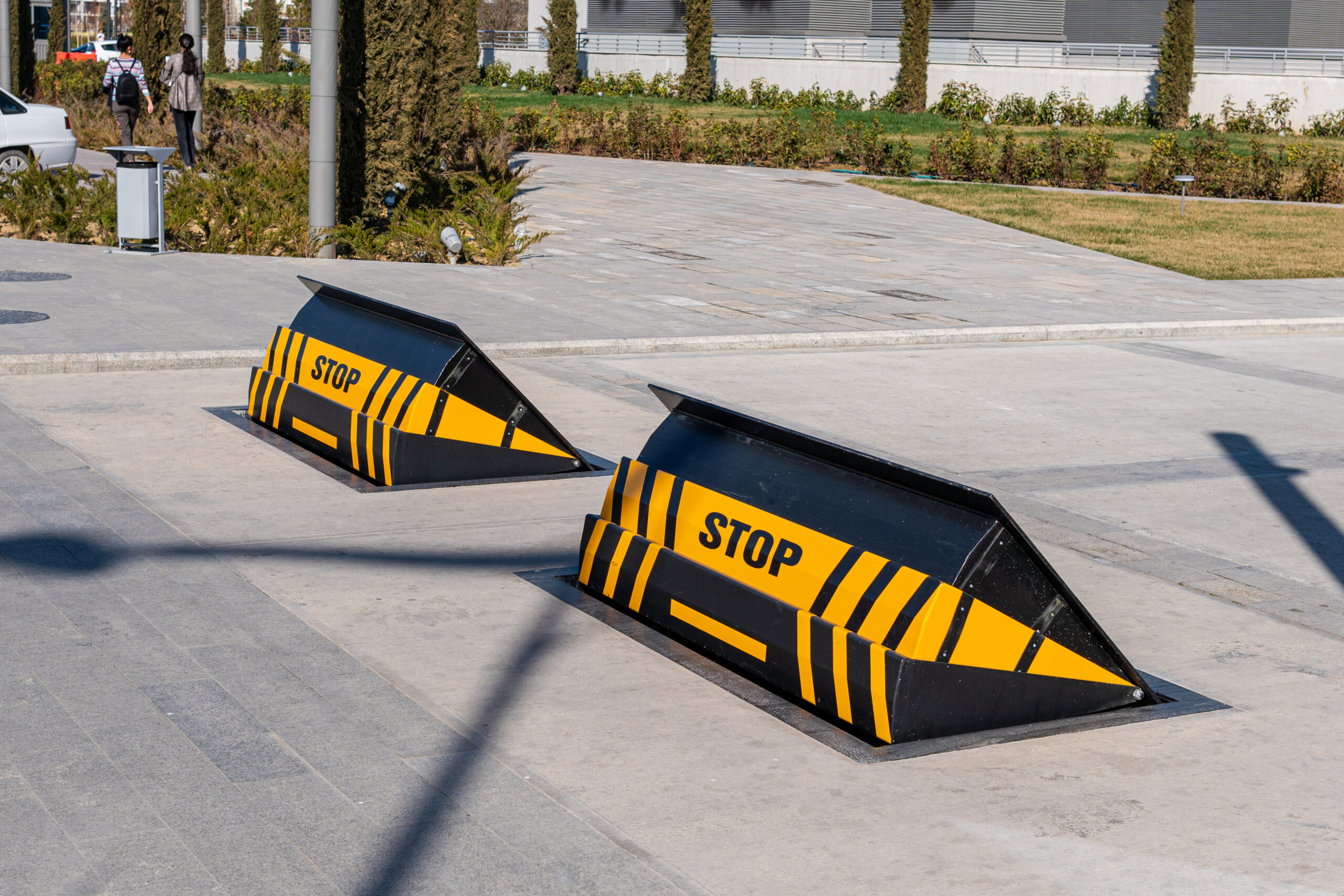 Two road blockers Two raisable road blockers for preventing of cars enter