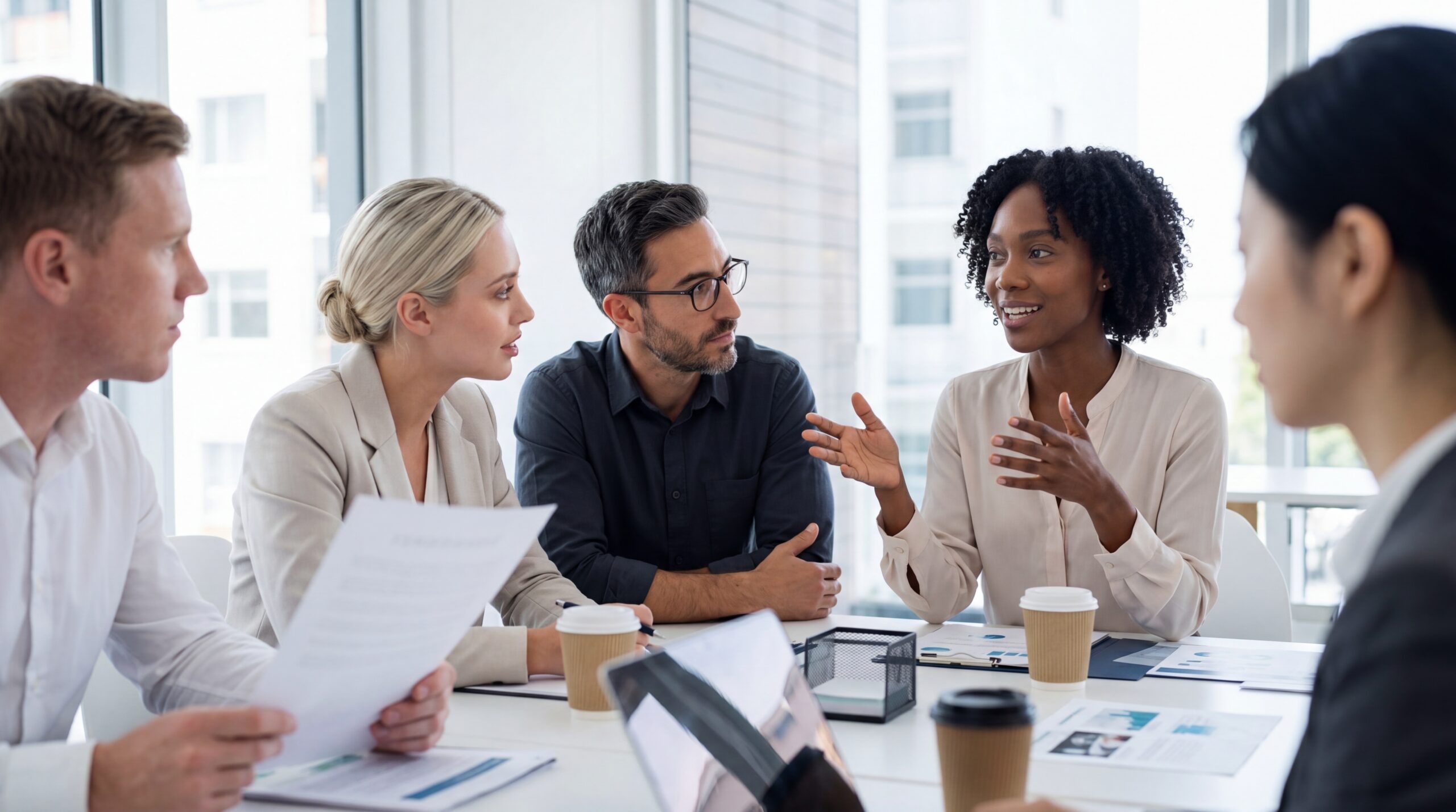 Diverse business professionals engaged in an active, focused discussion during a collaborative meeting in a modern. Diverse business professionals engaged in an active, focused discussion during a collaborative meeting in a modern.