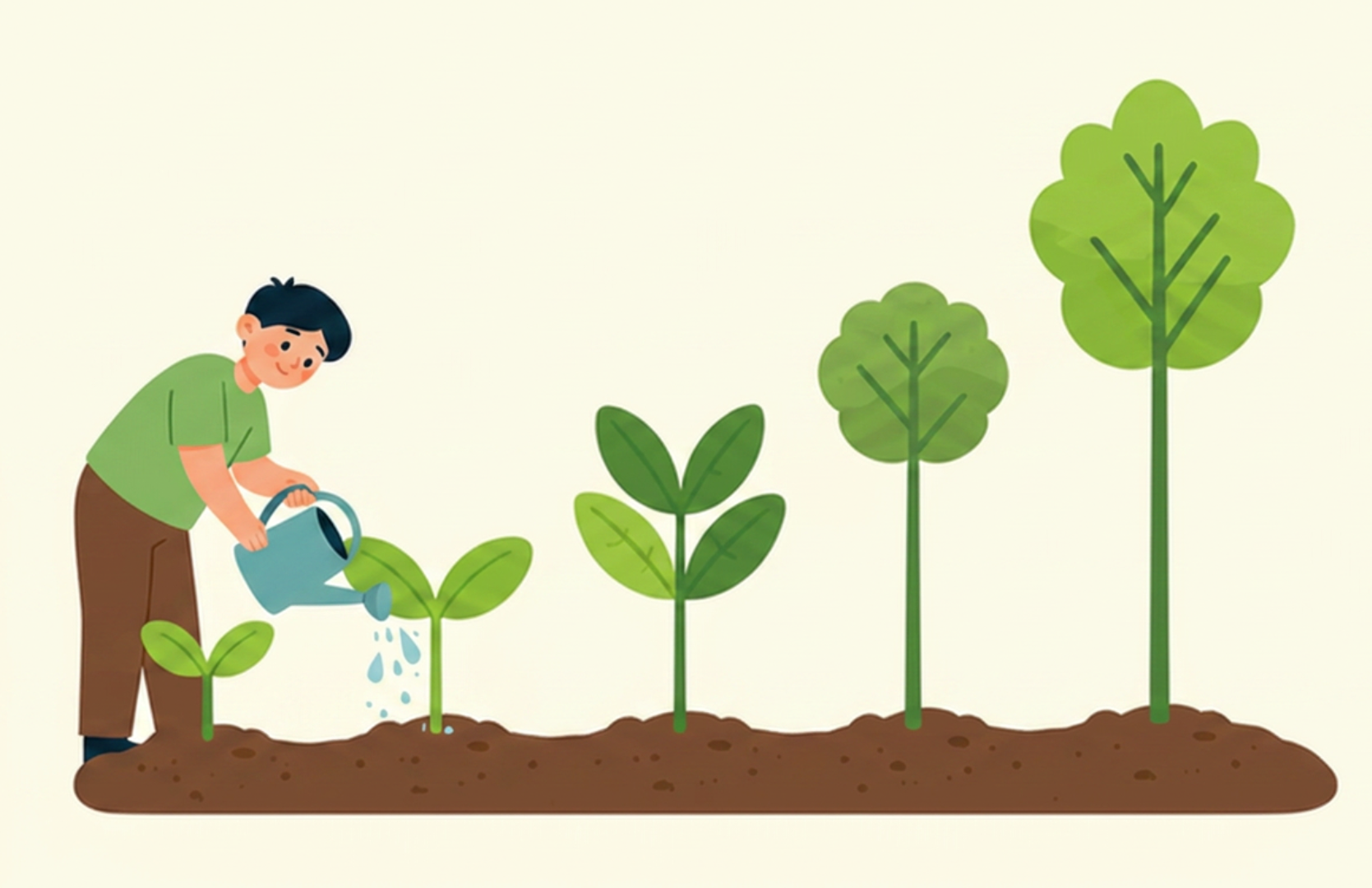 a cartoon man watering a series of plants