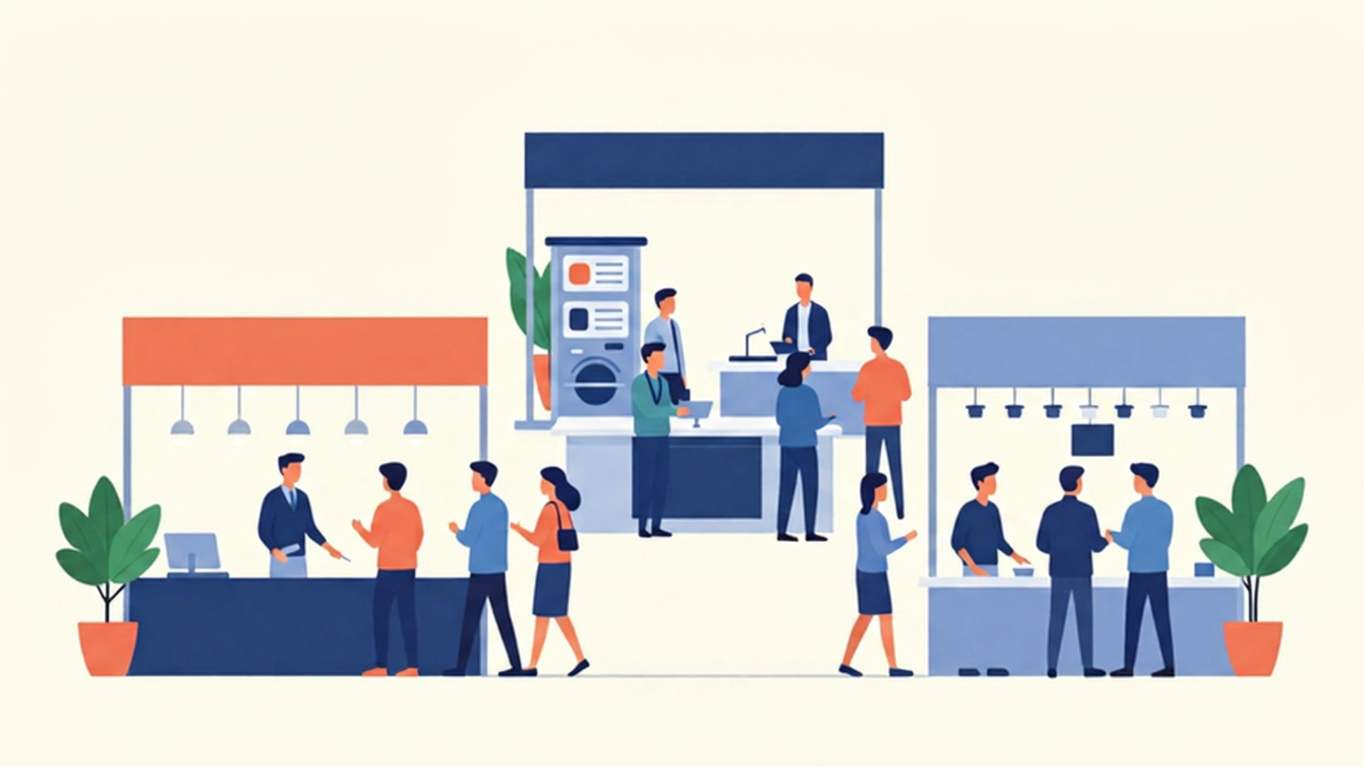 cartoon design of people networking at a trade show