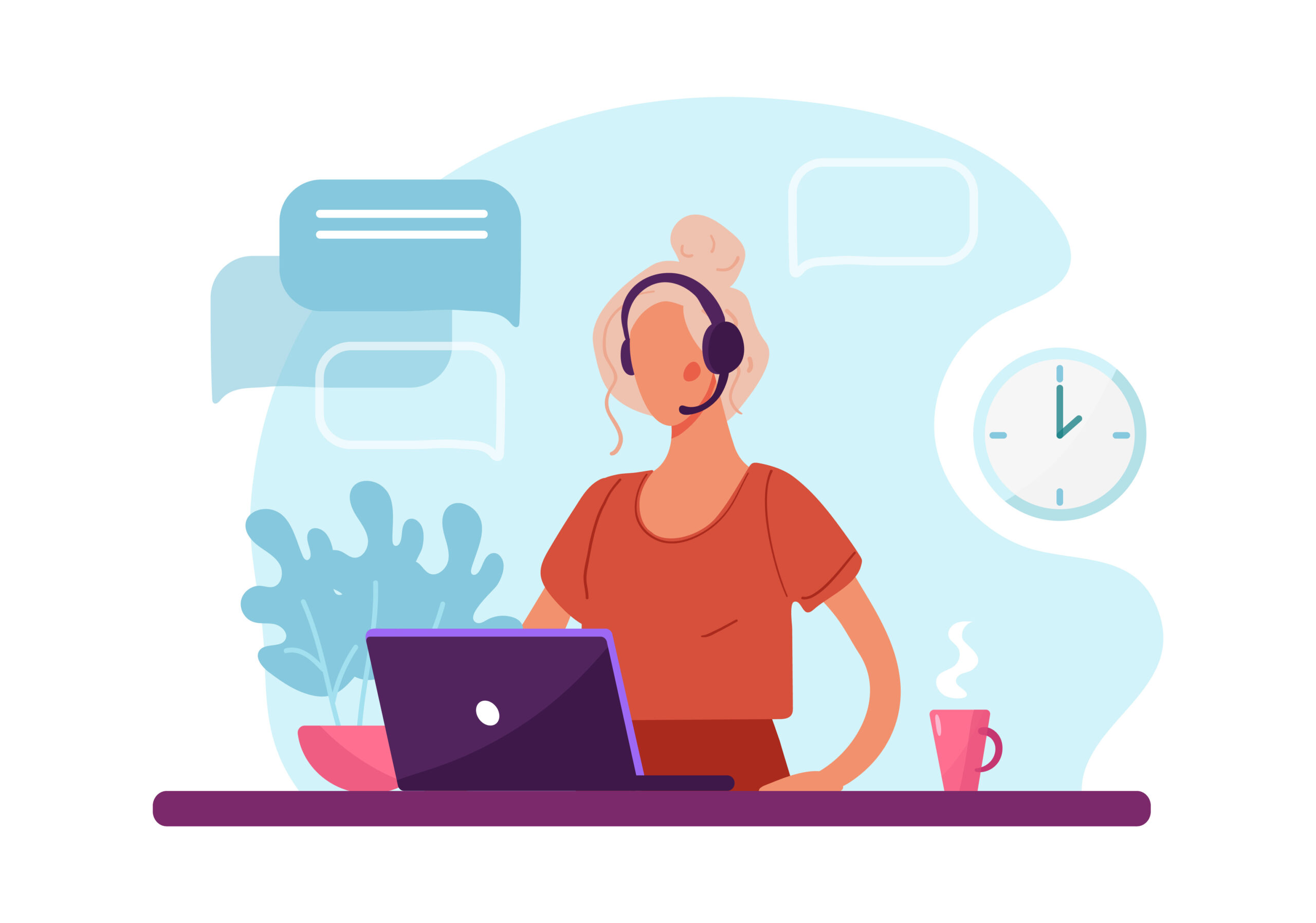 Woman with headphone and computer, call center, customer service and support. Flat vector illustration concept of distance work, distance education