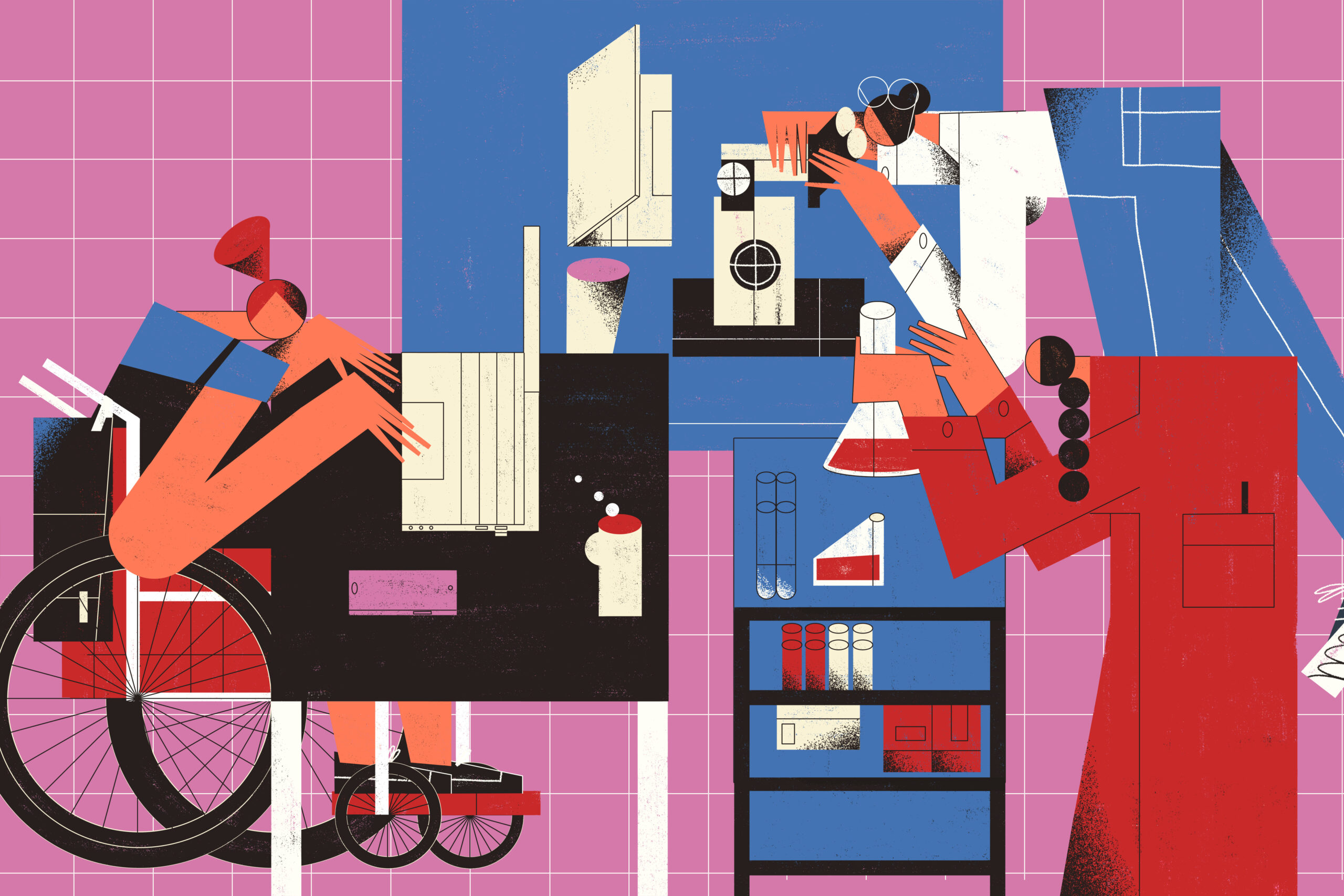 Women and girls from different races and ethnicities working in computer science, data and AI. Breaking science bias concept illustration.
