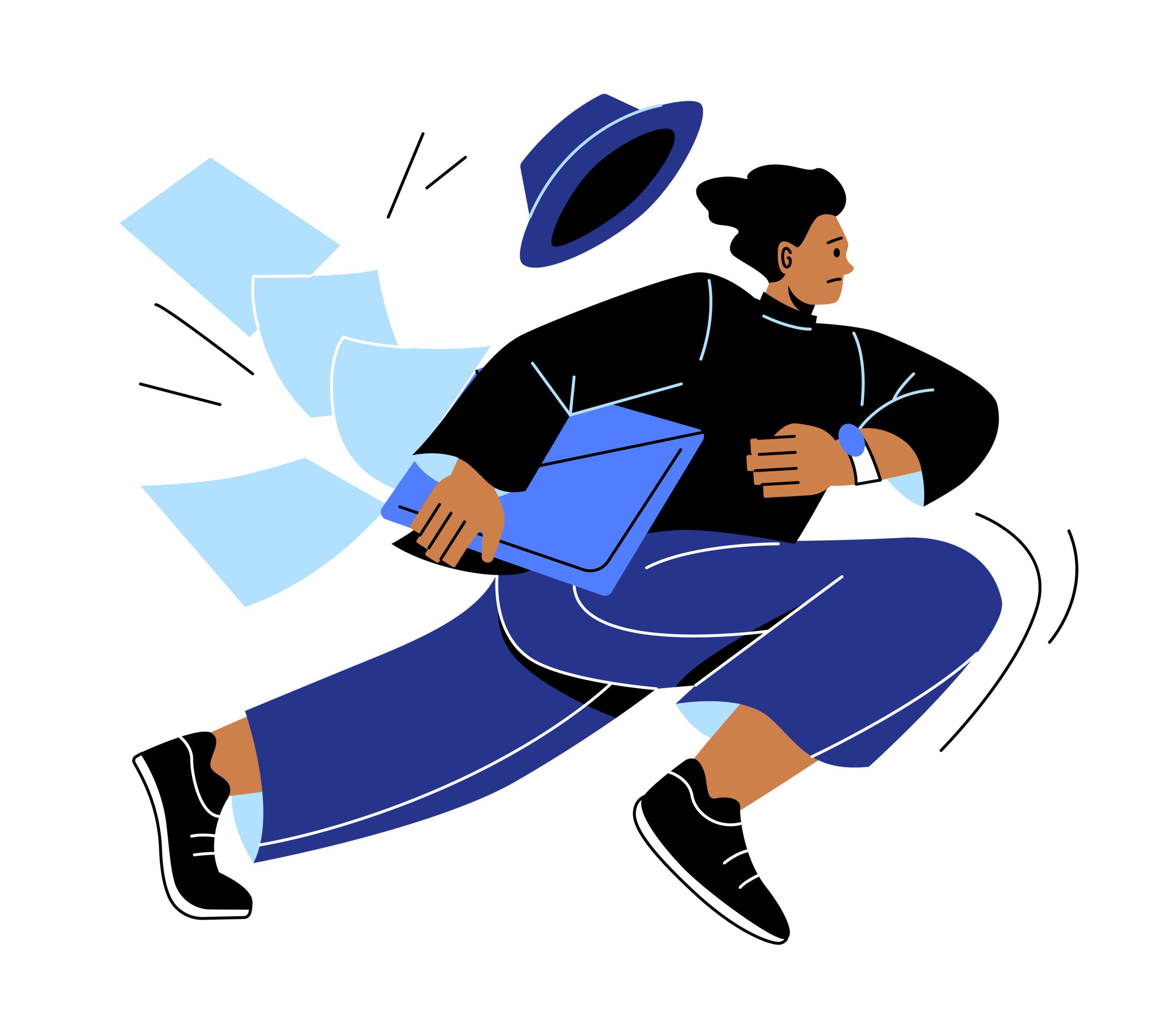 Business people late. Man runs in panic, scattering papers and documents. Young guy trying to get to work place, bad time management and irresponsible employee. Cartoon flat vector illustration