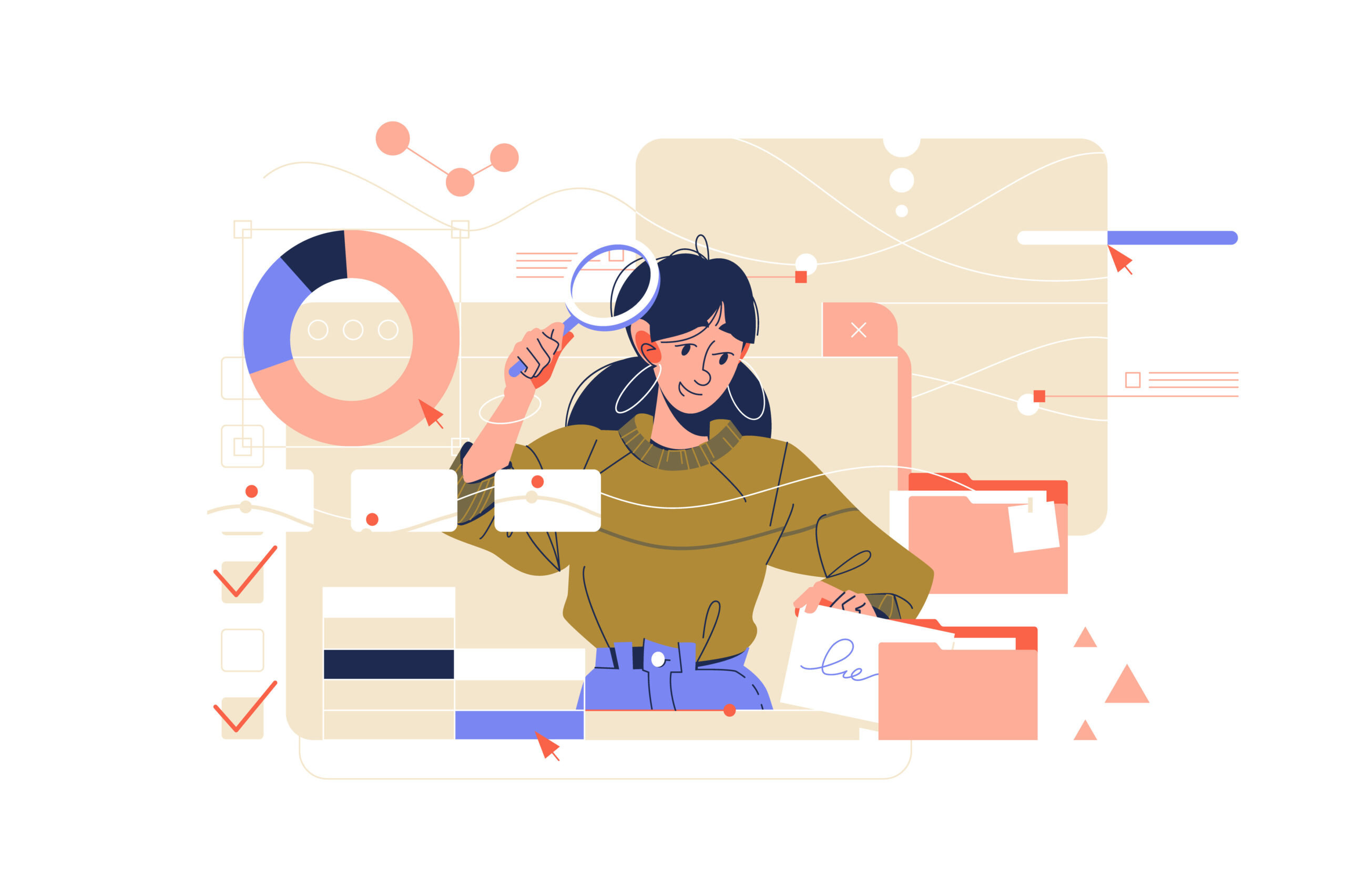 Girl character search for information vector illustration. In search on virtual screen with magnifying glass flat style. Archive concept