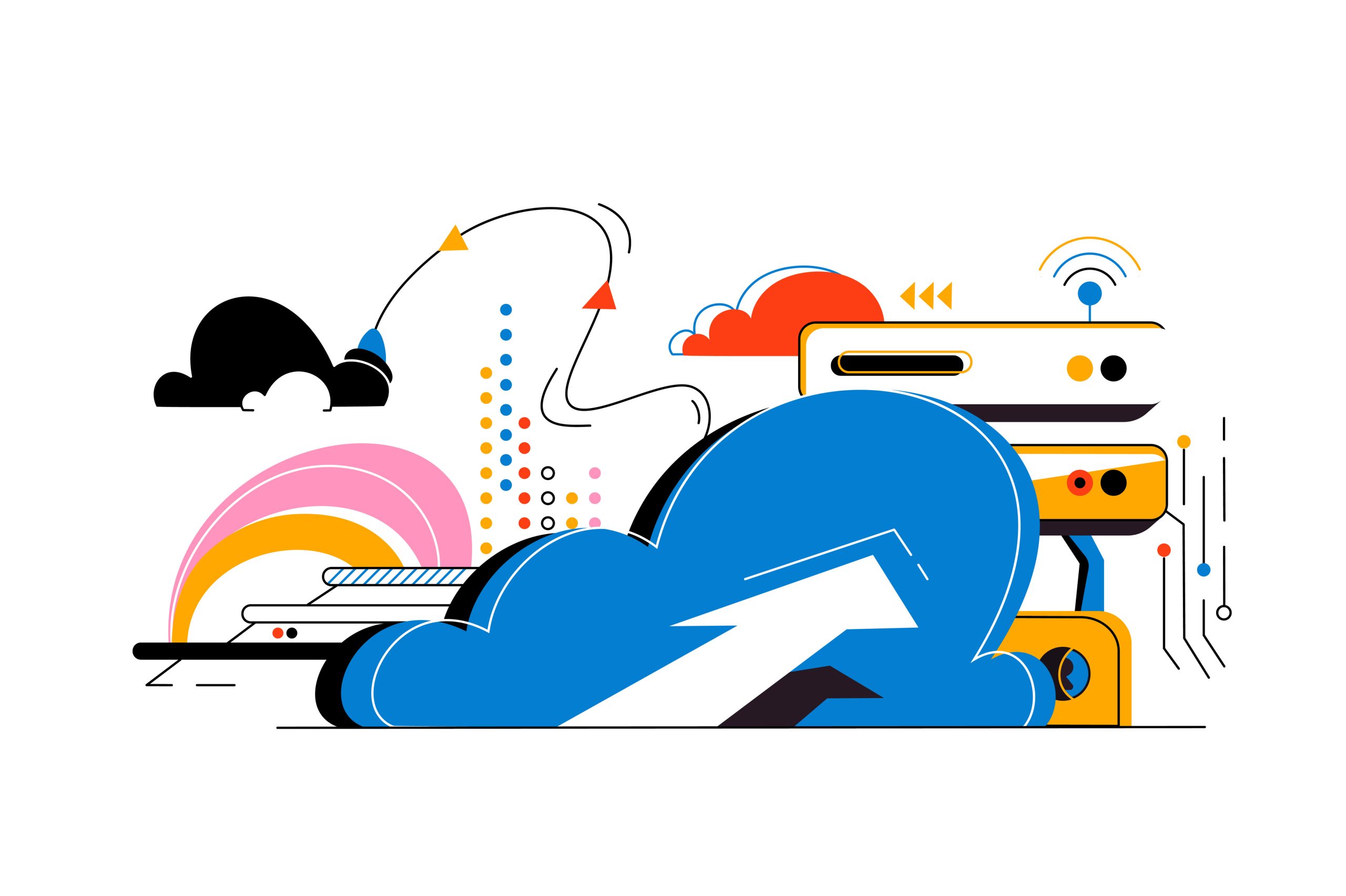 Cloud storage, digital service or app with data transferring vector illustration. Online computing technology. Servers and datacenter connection network