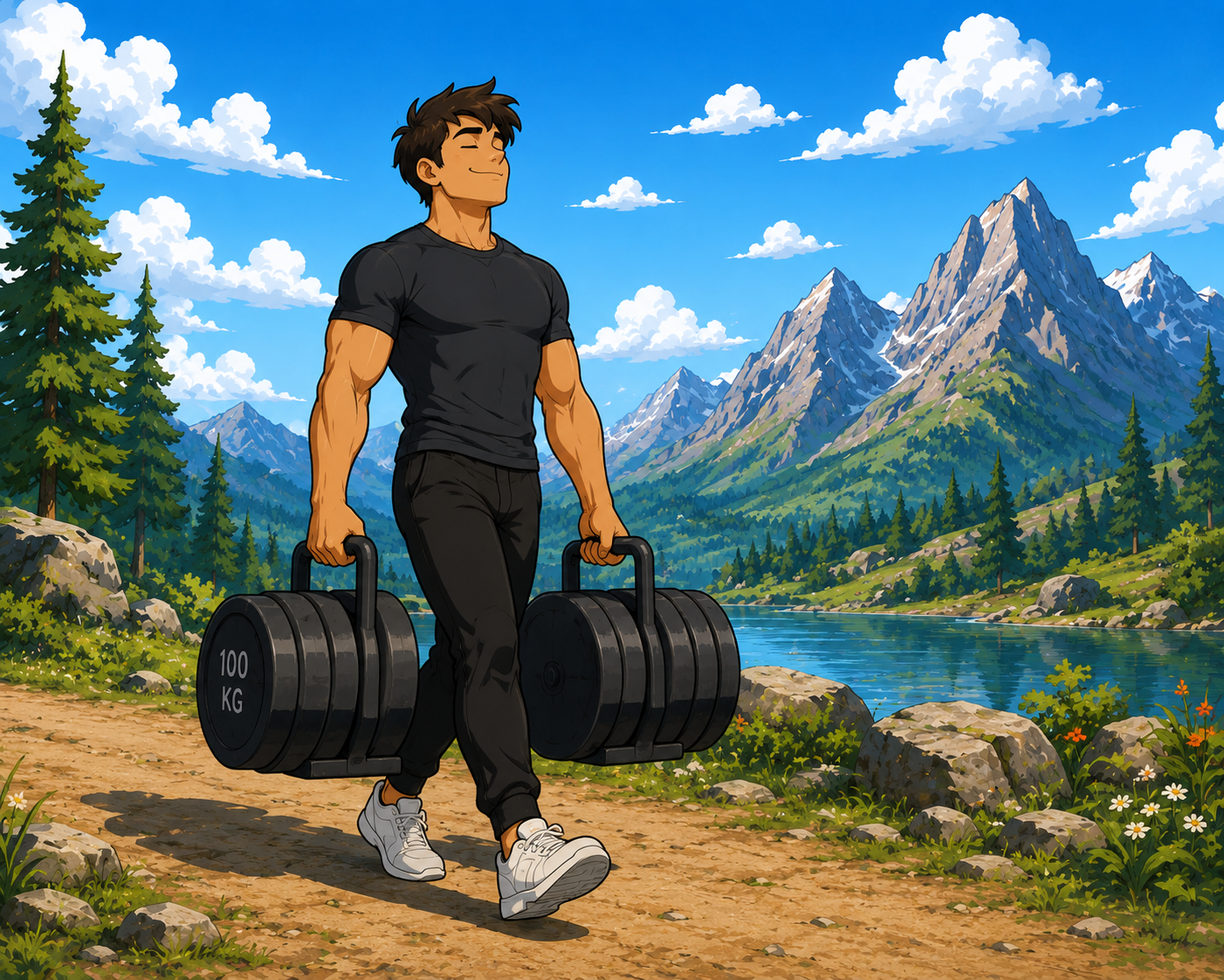ChatGPT Image Aug 12, 2026, 03_04_02 PM cartoon person carrying heavy weights with ease in the mountains