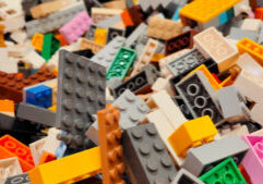 Close up view of various colorful LEGO plastic building bricks and toy blocks in many different shapes and sizes on September 15, 2025 in Bangkok, Thailand.