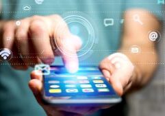 View of a Businessman using a smartphone with a Contact icon surrounding by app and social icon - 3d render