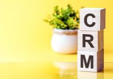 Motivational words: crm in 3d wooden alphabet letters on a bright yellow background with copy space, business concept. CRM - Customer Relationship Management. Front view concepts, flower in the background.