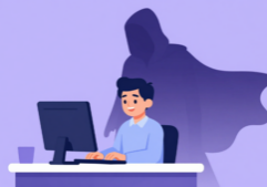 shadow figure overlooking an employee on a computer